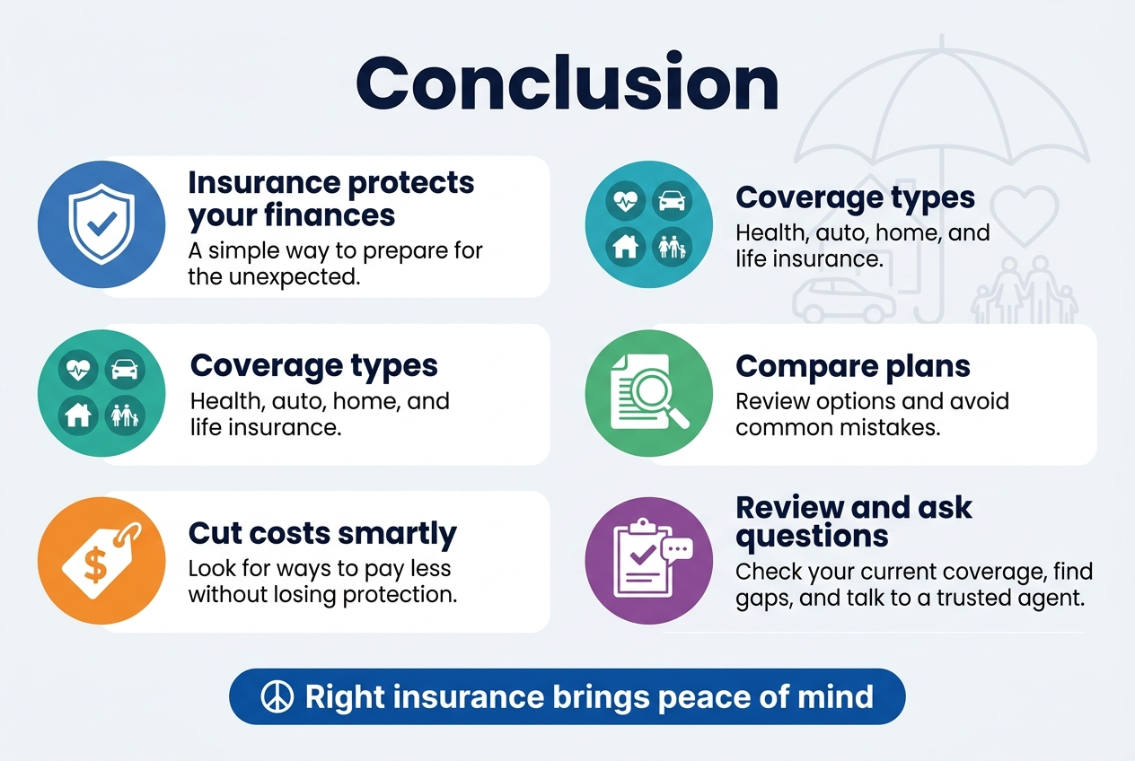 Create a clean, professional widescreen infographic in 3:2 aspect ratio with a full-bleed layout and no frame. Use a modern blue, teal, white, and light gray color palette with dark navy text, bold sans-serif headings, and clear visual hierarchy.  Top banner across the full width: Large bold title centered at the top: "How the Insurance System Works in the USA"  Below the title, arrange four wide horizontal sections in a 2x2 grid with icons and numbered labels, using simple flat design and clear spacing.  Section 1, top left: Heading: "1. The Role of Insurance Companies and Underwriters" Place a large icon of a shield, a stack of coins, and a person reviewing documents. Include short bullet text: "Insurance companies collect premiums from many policyholders and pool that money to pay claims." "Underwriters assess risk and decide whether to cover you and at what price." Show small labeled factors in a row with icons: "Age", "Health", "Location", "Driving Record", "Property Details"  Section 2, top right: Heading: "2. Premiums, Deductibles, and Copays" Place a clean table-style block with three rows and small icons beside each term. Text in the table: "Premium — Your monthly payment to keep coverage active" "Deductible — What you pay out-of-pocket before insurance kicks in" "Copay — A fixed amount you pay per visit or service" Add a small downward arrow note beneath the table: "Higher deductibles typically mean lower premiums"  Section 3, bottom left: Heading: "3. The Claims Process From Start to Finish" Use a left-to-right flow with five connected steps and small icons for each step: "Report the incident" "Document everything" "Adjuster reviews the claim" "Insurer approves, negotiates, or denies" "Payment is issued, minus your deductible" Include icons: phone, camera/file folder, clipboard with magnifying glass, decision checkmark/X, dollar payment.  Section 4, bottom right: Heading: "4. State and Federal Regulations" Use a split visual with a map outline icon and a federal document icon. Include text: "Each state has its own insurance commissioner who sets rules on pricing and