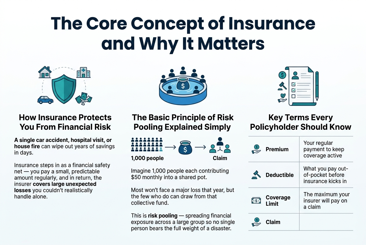 Create a clean, professional full-bleed infographic in a 3:2 aspect ratio with a white background, deep navy and teal color palette, and subtle light gray dividers. Use modern sans-serif fonts with a bold hierarchy. Place a large bold title across the top center in dark navy: "The Core Concept of Insurance and Why It Matters"  Below the title, arrange three wide horizontal sections across the page in a balanced multi-column layout, not a narrow vertical stack.  LEFT SECTION: A teal shield icon with a small house, car, and hospital cross around it. Heading in bold: "How Insurance Protects You From Financial Risk" Under it, include short body text in smaller dark gray font: "A single car accident, hospital visit, or house fire can wipe out years of savings in days." "Insurance steps in as a financial safety net — you pay a small, predictable amount regularly, and in return, the insurer covers large unexpected losses you couldn't realistically handle alone."  CENTER SECTION: A blue circular pool icon with multiple small people silhouettes around a shared pot labeled "$". Heading in bold: "The Basic Principle of Risk Pooling Explained Simply" Add a simple visual flow: "1,000 people" on the left with many small person icons, arrows pointing to a shared fund in the middle, and a few highlighted claim recipients on the right. Include this text beneath the graphic: "Imagine 1,000 people each contributing $50 monthly into a shared pot." "Most won't face a major loss that year, but the few who do can draw from that collective fund." "This is risk pooling — spreading financial exposure across a large group so no single person bears the full weight of a disaster."  RIGHT SECTION: A neatly organized 2-column mini-table with thin gray lines and small icons for each row. Heading in bold: "Key Terms Every Policyholder Should Know" Include these rows exactly: "Premium" — "Your regular payment to keep coverage active" "Deductible" — "What you pay out-of-pocket before insurance kicks in" "Coverage Limit" — "The maximum your insurer will pay on a claim" "Claim" — "