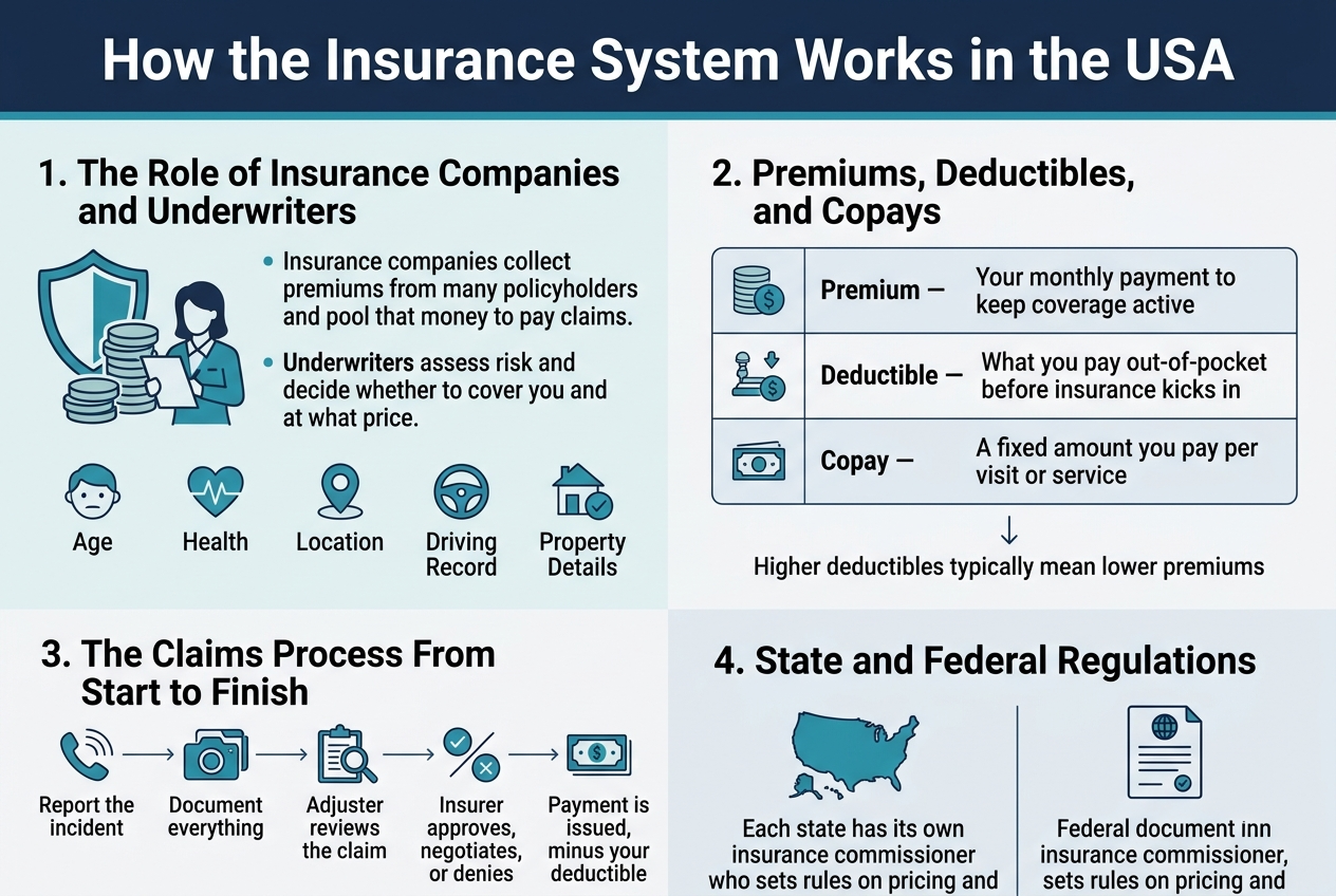 Create a clean, professional full-bleed infographic illustration in a 3:2 aspect ratio with a wide horizontal layout, no poster frame, no inset margins. Use a modern sans-serif font, bold navy title, dark gray body text, blue and teal accent colors, with light gray section backgrounds and subtle icons. Place a large bold heading at the top spanning the width: "What Is Insurance in the USA? A Complete Guide to How It Works"  Below the heading, arrange three wide horizontal content blocks across the center in a 3-column layout with clear visual separation and numbered labels:  Left block: A blue circular icon with a shield and dollar sign. Large number badge: "1" Title text: "How Insurance Works" Bullet text: "Pay a monthly premium" "Protection against big financial losses" "Helps cover unexpected costs"  Middle block: A teal circular icon with four small symbols inside a ring: heart, car, house, and person. Large number badge: "2" Title text: "Major Types of Insurance" Bullet text: "Health" "Auto" "Home" "Life" "More coverage options"  Right block: A green circular icon with a clipboard and magnifying glass. Large number badge: "3" Title text: "How to Pick the Right Plan" Bullet text: "Compare coverage" "Check price and deductible" "Avoid overpaying" "Stay protected"  Along the bottom, add a wide horizontal summary bar with a soft blue gradient and three short callout phrases separated by icons: A checkmark icon with text: "For first-time buyers" A parent-and-child icon with text: "For new residents and young adults" A lightbulb icon with text: "Make smarter financial decisions"  Use clean spacing, strong hierarchy, simple flat vector style, crisp lines, subtle shadows, and balanced white space. Keep all text large and readable.