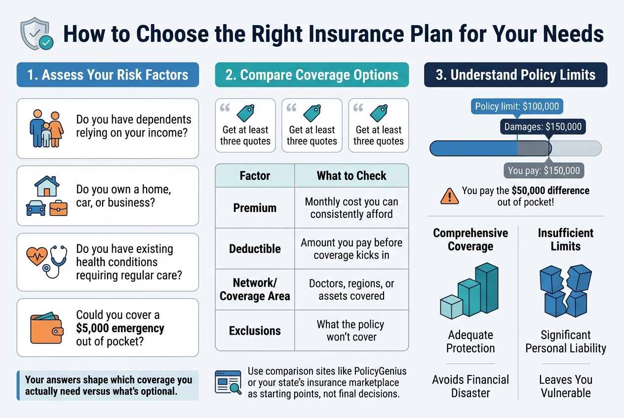 Create a clean, professional full-bleed infographic in a 3:2 aspect ratio with a white background, deep navy and teal color palette, and subtle light gray dividers. Use modern sans-serif fonts with a bold hierarchy. Place a large bold title across the top center in dark navy: "The Core Concept of Insurance and Why It Matters"  Below the title, arrange three wide horizontal sections across the page in a balanced multi-column layout, not a narrow vertical stack.  LEFT SECTION: A teal shield icon with a small house, car, and hospital cross around it. Heading in bold: "How Insurance Protects You From Financial Risk" Under it, include short body text in smaller dark gray font: "A single car accident, hospital visit, or house fire can wipe out years of savings in days." "Insurance steps in as a financial safety net — you pay a small, predictable amount regularly, and in return, the insurer covers large unexpected losses you couldn't realistically handle alone."  CENTER SECTION: A blue circular pool icon with multiple small people silhouettes around a shared pot labeled "$". Heading in bold: "The Basic Principle of Risk Pooling Explained Simply" Add a simple visual flow: "1,000 people" on the left with many small person icons, arrows pointing to a shared fund in the middle, and a few highlighted claim recipients on the right. Include this text beneath the graphic: "Imagine 1,000 people each contributing $50 monthly into a shared pot." "Most won't face a major loss that year, but the few who do can draw from that collective fund." "This is risk pooling — spreading financial exposure across a large group so no single person bears the full weight of a disaster."  RIGHT SECTION: A neatly organized 2-column mini-table with thin gray lines and small icons for each row. Heading in bold: "Key Terms Every Policyholder Should Know" Include these rows exactly: "Premium" — "Your regular payment to keep coverage active" "Deductible" — "What you pay out-of-pocket before insurance kicks in" "Coverage Limit" — "The maximum your insurer will pay on a claim" "Claim" — "